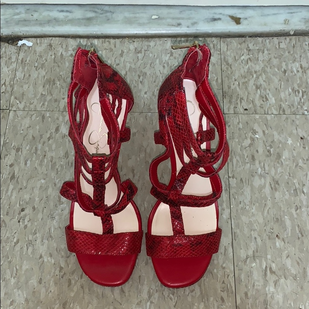 Red snake pattern high heels
